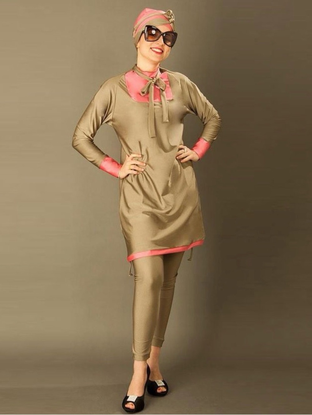 MadammeBK Two-Piece Modest Swimsuit Burkini Set in Champagne Gold with Pink Trim